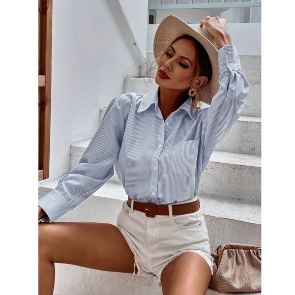 Blue and White Striped Casual Oversized Button Down Shirt Front Pocket - Picture 5 of 8